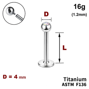Лабрет з кулькою 4мм з Кристалом&nbsp;AB, 16g&nbsp;(1.2мм), Усередині різьблення, ТИТАН