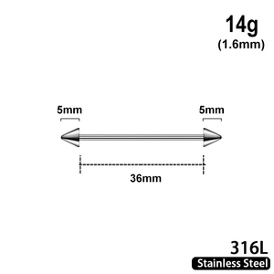 Штанга (барбелла) довжиною 36 мм з конусами 5 мм, 14g, хірургічна сталь