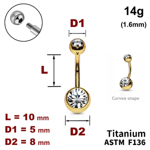 Банан у пуп 10мм, кульки з кристалами 5мм і 8мм, 14g (1.6мм), колір - золото, Зовнішнє різьблення, ТИТАН