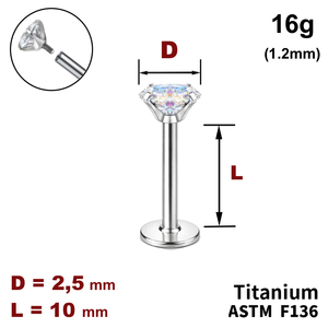 Лабрет 10мм з Кристалом AB 2.5мм, 16g&nbsp;(1.2мм), Усередині різьблення, ТИТАН