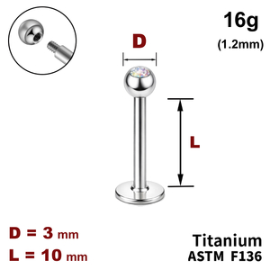 Лабрет 10мм з кулькою 3мм з Кристалом AB, 16g&nbsp;(1.2мм), Зовні різьблення, ТИТАН