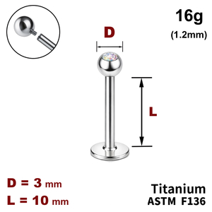 Лабрет 10мм з кулькою 3мм з Кристалом AB, 16g&nbsp;(1.2мм), Усередині різьблення, ТИТАН