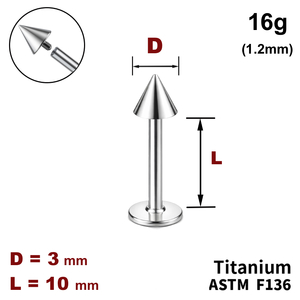 Лабрет 10мм с конусом 3мм, 16g&nbsp;(1.2мм), Внутри резьба, ТИТАН