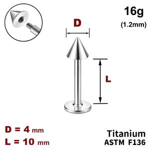 Лабрет 10мм с конусом 4мм, 16g&nbsp;(1.2мм), Снаружи резьба, ТИТАН