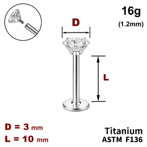 Лабрет 10мм з Прозорим Кристалом 3мм, 16g&nbsp;(1.2мм), Усередині різьблення, ТИТАН