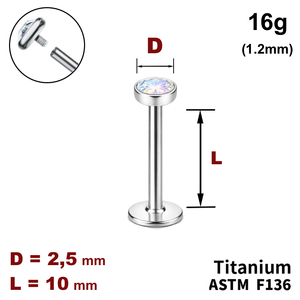 Лабрет 10мм с диском с Кристаллом AB 2.5мм, 16g&nbsp;(1.2мм), Внутри резьба, ТИТАН