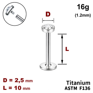 Лабрет 10мм с диском с Прозрачным Кристаллом 2.5мм, 16g&nbsp;(1.2мм), Внутри резьба, ТИТАН