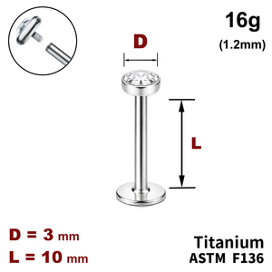 Лабрет 10мм с диском с Прозрачным Кристаллом 3мм, 16g&nbsp;(1.2мм), Внутри резьба, ТИТАН