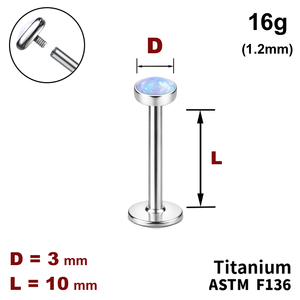 Лабрет 10мм с диском с Опалом 3мм, 16g&nbsp;(1.2мм), Внутри резьба, ТИТАН