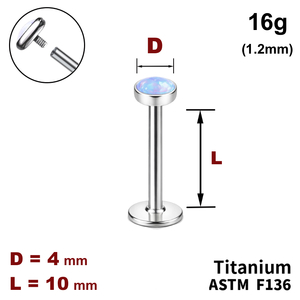 Лабрет 10мм с диском с Опалом 4мм, 16g&nbsp;(1.2мм), Внутри резьба, ТИТАН