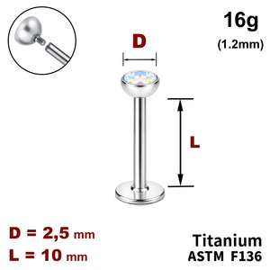 Лабрет 10мм з напівсферою з Кристалом AB 2.5мм, 16g&nbsp;(1.2мм), Усередині різьблення, ТИТАН
