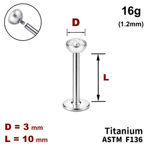 Лабрет 10мм с полусферой с Прозрачным Кристаллом 3мм, 16g&nbsp;(1.2мм), Внутри резьба, ТИТАН