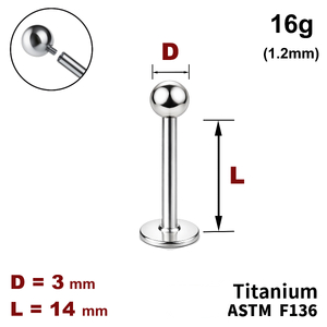 Лабрет 14мм з кулькою 3мм, 16g&nbsp;(1.2мм), Усередині різьблення, ТИТАН