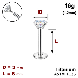 Лабрет 6мм з Кристалом AB 3мм, 16g&nbsp;(1.2мм), Усередині різьблення, ТИТАН