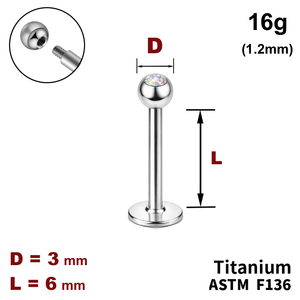 Лабрет 6мм з кулькою 3мм з Кристалом AB, 16g&nbsp;(1.2мм), Зовні різьблення, ТИТАН