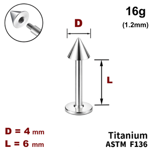 Лабрет 6мм с конусом 4мм, 16g&nbsp;(1.2мм), Снаружи резьба, ТИТАН