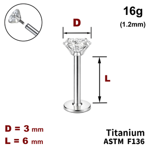 Лабрет 6мм з Прозорим Кристалом 3мм, 16g&nbsp;(1.2мм), Усередині різьблення, ТИТАН