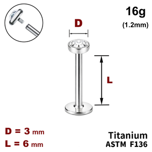 Лабрет 6мм с диском с Прозрачным Кристаллом 3мм, 16g&nbsp;(1.2мм), Внутри резьба, ТИТАН