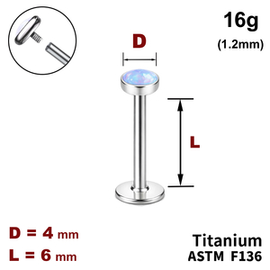 Лабрет 6мм с диском с Опалом 4мм, 16g&nbsp;(1.2мм), Внутри резьба, ТИТАН