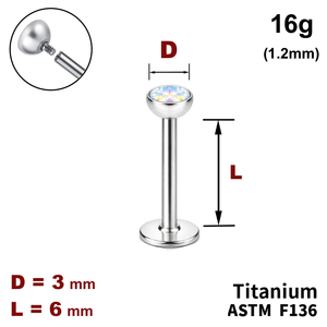 Лабрет 6мм з напівсферою з Кристалом AB 3мм, 16g&nbsp;(1.2мм), Усередині різьблення, ТИТАН