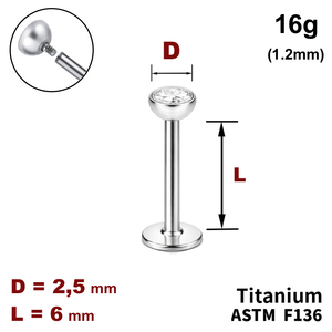 Лабрет 6мм с полусферой с Прозрачным Кристаллом 2.5мм, 16g&nbsp;(1.2мм), Внутри резьба, ТИТАН