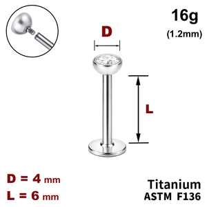 Лабрет 6мм с полусферой с Прозрачным Кристаллом 4мм, 16g&nbsp;(1.2мм), Внутри резьба, ТИТАН