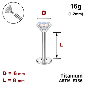 Лабрет 8мм з Кристалом AB 6мм, 16g&nbsp;(1.2мм), Усередині різьблення, ТИТАН