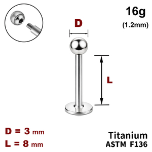 Лабрет 8мм с шариком 3мм, 16g&nbsp;(1.2мм), Снаружи резьба, ТИТАН