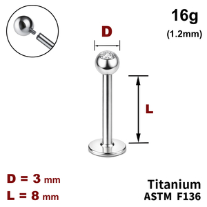 Лабрет 8мм з кулькою 3мм з Прозорим Кристалом, 16g&nbsp;(1.2мм), Усередині різьблення, ТИТАН