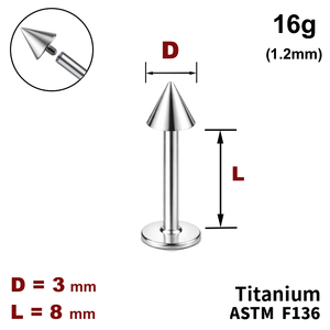 Лабрет 8мм с конусом 3мм, 16g&nbsp;(1.2мм), Внутри резьба, ТИТАН