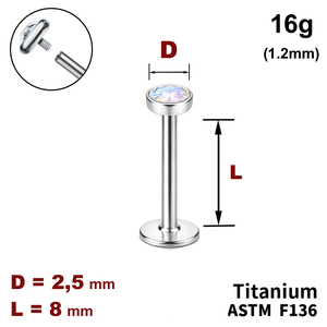Лабрет 8мм с диском с Кристаллом AB 2.5мм, 16g&nbsp;(1.2мм), Внутри резьба, ТИТАН