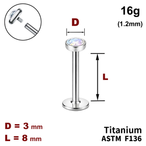 Лабрет 8мм с диском с Кристаллом AB 3мм, 16g&nbsp;(1.2мм), Внутри резьба, ТИТАН