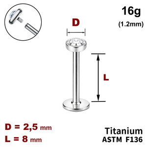Лабрет 8мм с диском с Прозрачным Кристаллом 2.5мм, 16g&nbsp;(1.2мм), Внутри резьба, ТИТАН