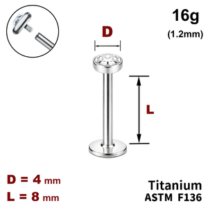 Лабрет 8мм с диском с Прозрачным Кристаллом 4мм, 16g&nbsp;(1.2мм), Внутри резьба, ТИТАН