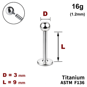 Лабрет 9мм з кулькою 3мм, 16g&nbsp;(1.2мм), Усередині різьблення, ТИТАН