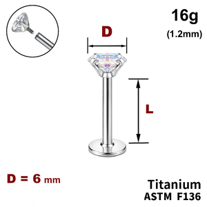 Лабрет з Кристалом&nbsp;AB 6мм, 16g&nbsp;(1.2мм), Усередині різьблення, ТИТАН