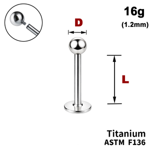 Лабрет з кулькою, 16g&nbsp;(1.2мм), Усередині різьблення, ТИТАН