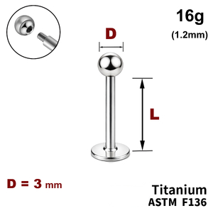 Лабрет з кулькою 3мм, 16g&nbsp;(1.2мм), Зовні різьблення, ТИТАН