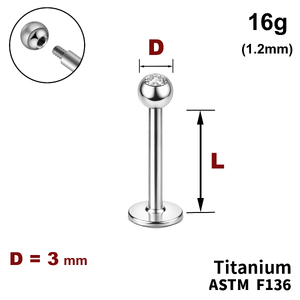 Лабрет з кулькою 3мм з Прозорим Кристалом, 16g&nbsp;(1.2мм), Зовні різьблення, ТИТАН