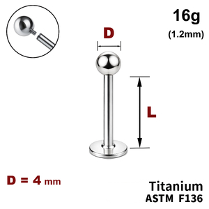 Лабрет з кулькою 4мм, 16g&nbsp;(1.2мм), Усередині різьблення, ТИТАН