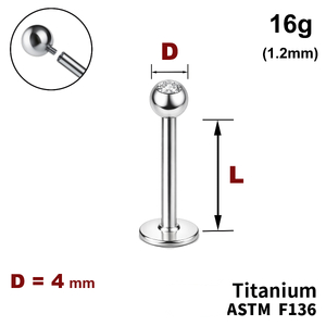 Лабрет з кулькою 4мм з Прозорим Кристалом, 16g&nbsp;(1.2мм), Усередині різьблення, ТИТАН