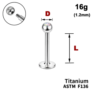 Лабрет с шариком с Кристаллом&nbsp;AB, 16g&nbsp;(1.2мм), Снаружи резьба, ТИТАН