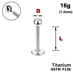 Лабрет с шариком с Кристаллом&nbsp;AB, 16g&nbsp;(1.2мм), Внутри резьба, ТИТАН