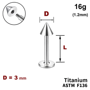 Лабрет з конусом 3мм, 16g&nbsp;(1.2мм), Зовні різьблення, ТИТАН