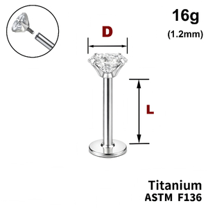 Лабрет з Прозорим Кристалом, 16g&nbsp;(1.2мм), Усередині різьблення, ТИТАН