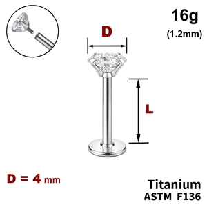 Лабрет з Прозорим Кристалом 4мм, 16g&nbsp;(1.2мм), Усередині різьблення, ТИТАН