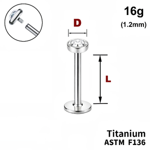 Лабрет з диском з Прозорим Кристалом, 16g&nbsp;(1.2мм), Усередині різьблення, ТИТАН
