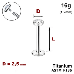 Лабрет з диском з Прозорим Кристалом 2.5мм, 16g&nbsp;(1.2мм), Усередині різьблення, ТИТАН