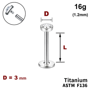 Лабрет з диском з Прозорим Кристалом 3мм, 16g&nbsp;(1.2мм), Усередині різьблення, ТИТАН