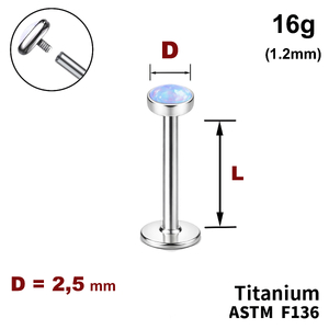 Лабрет з диском з Опалом 2.5мм, 16g&nbsp;(1.2мм), Усередині різьблення, ТИТАН